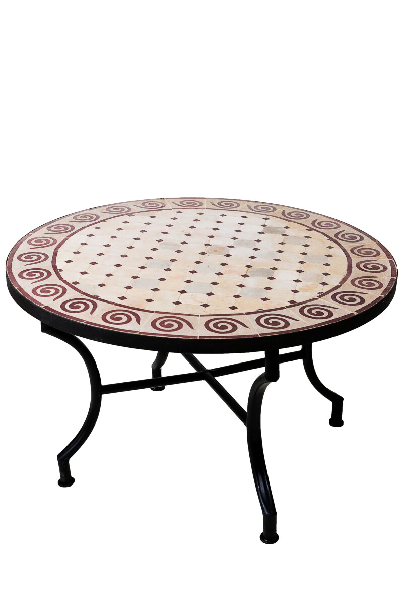 Moroccan Mosaic Table, "Spiral" Beige and Bordeaux