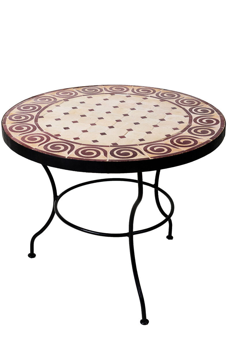 Moroccan Mosaic Table, "Spiral" Beige and Bordeaux