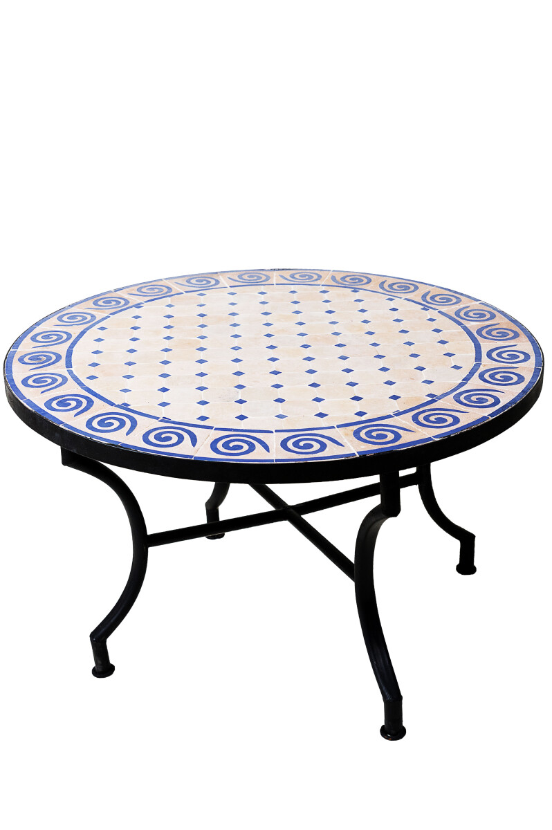 Moroccan Mosaic Table, Spiral, Beige and Blue, 80 cm, 45 cm 